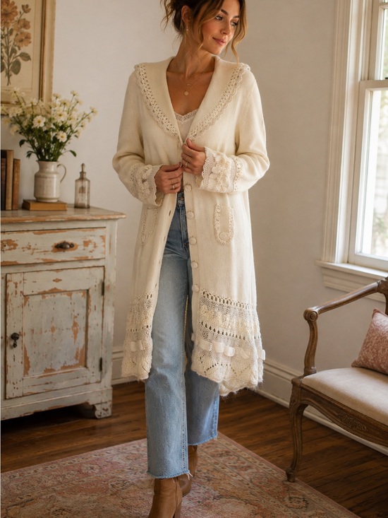 Nanette Lepore Sweaters - Nanette Lepore Cream Crochet-Trim Long Cardigan Medium NWT